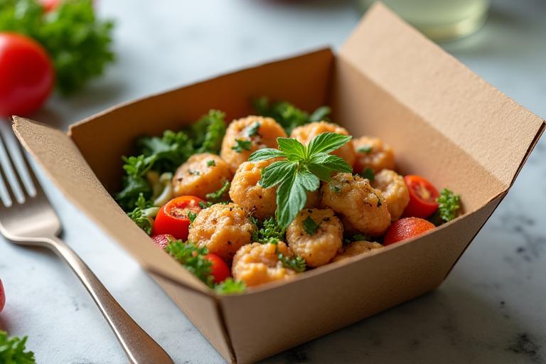 Des emballages alimentaires écologiques, en carton et matériaux végétaux, contenant un repas sain et appétissant.