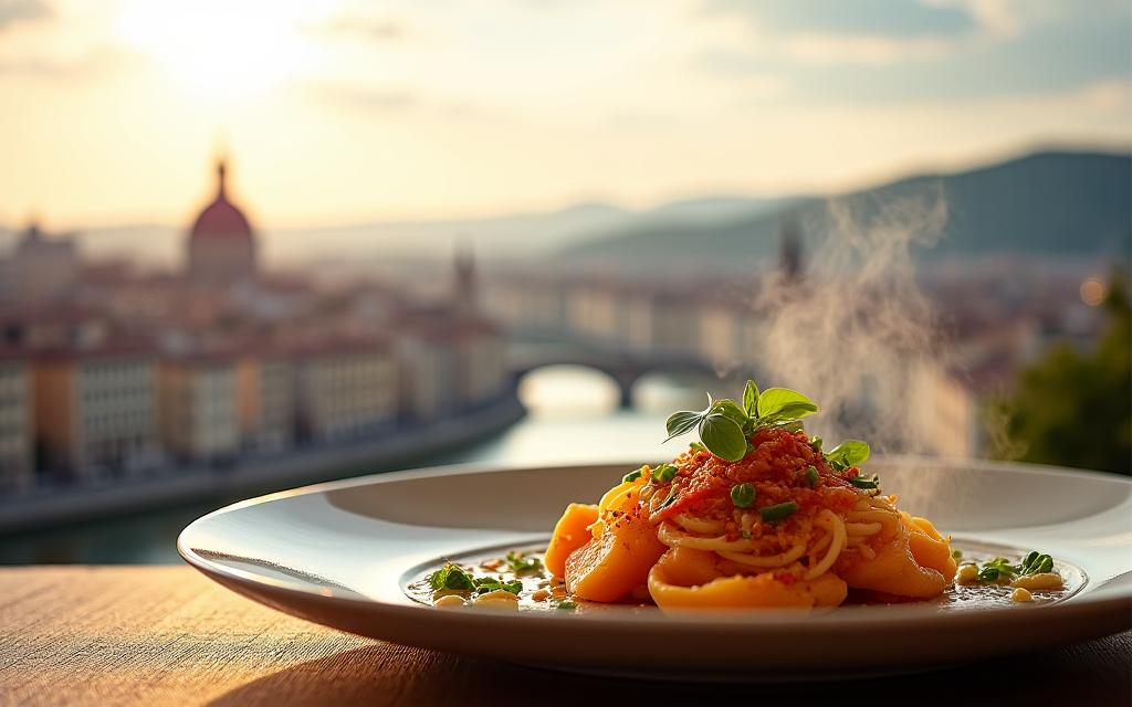 Vue panoramique de Lyon avec une superposition d'éléments gastronomiques de terroir.