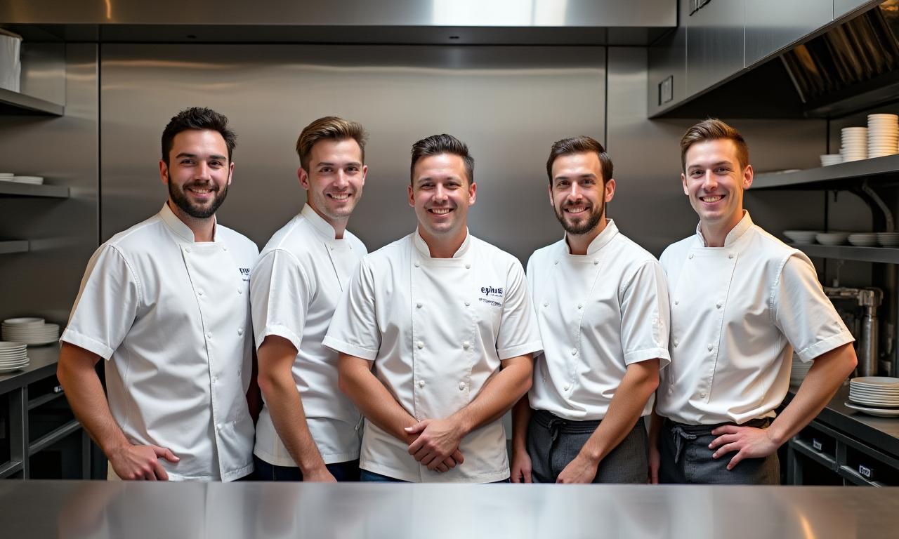 L'équipe de chefs et fondateurs d'ÉpiCiel Gourmet souriant dans une cuisine professionnelle moderne.