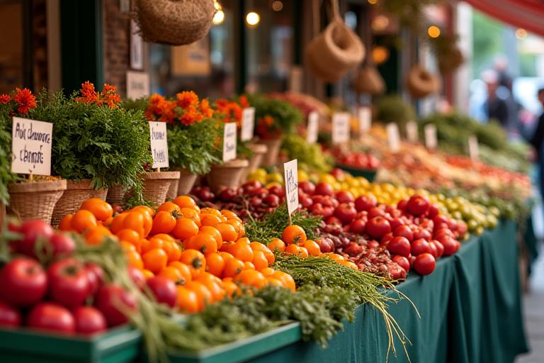 Un étal de marché coloré avec des légumes frais et des produits artisanaux de la région Auvergne-Rhône-Alpes.